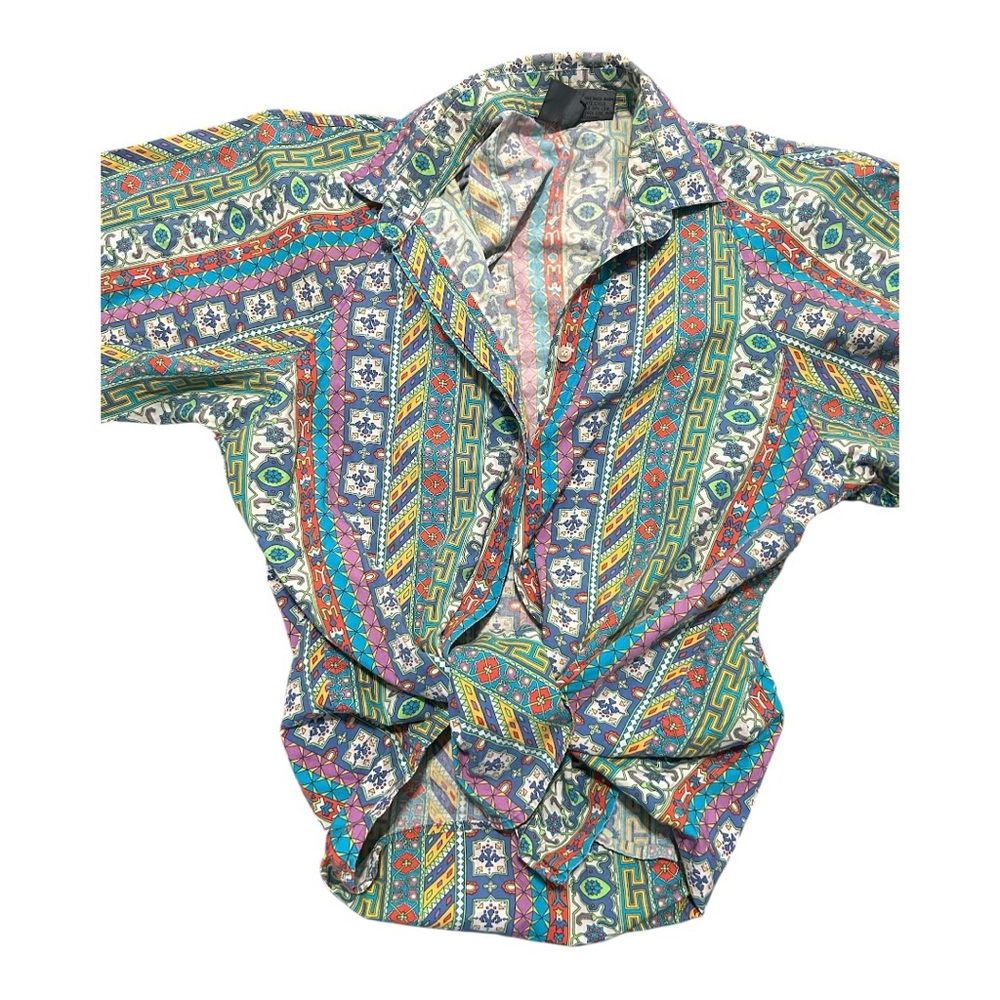 Vintage 100% cotton Button Down Shirt Geometric Greek Key boho print